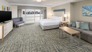 A hotel room with a large bed, a sofa, a desk with a TV, and a view of the city.