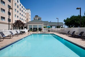 Outdoor pool, pool umbrellas, sun loungers