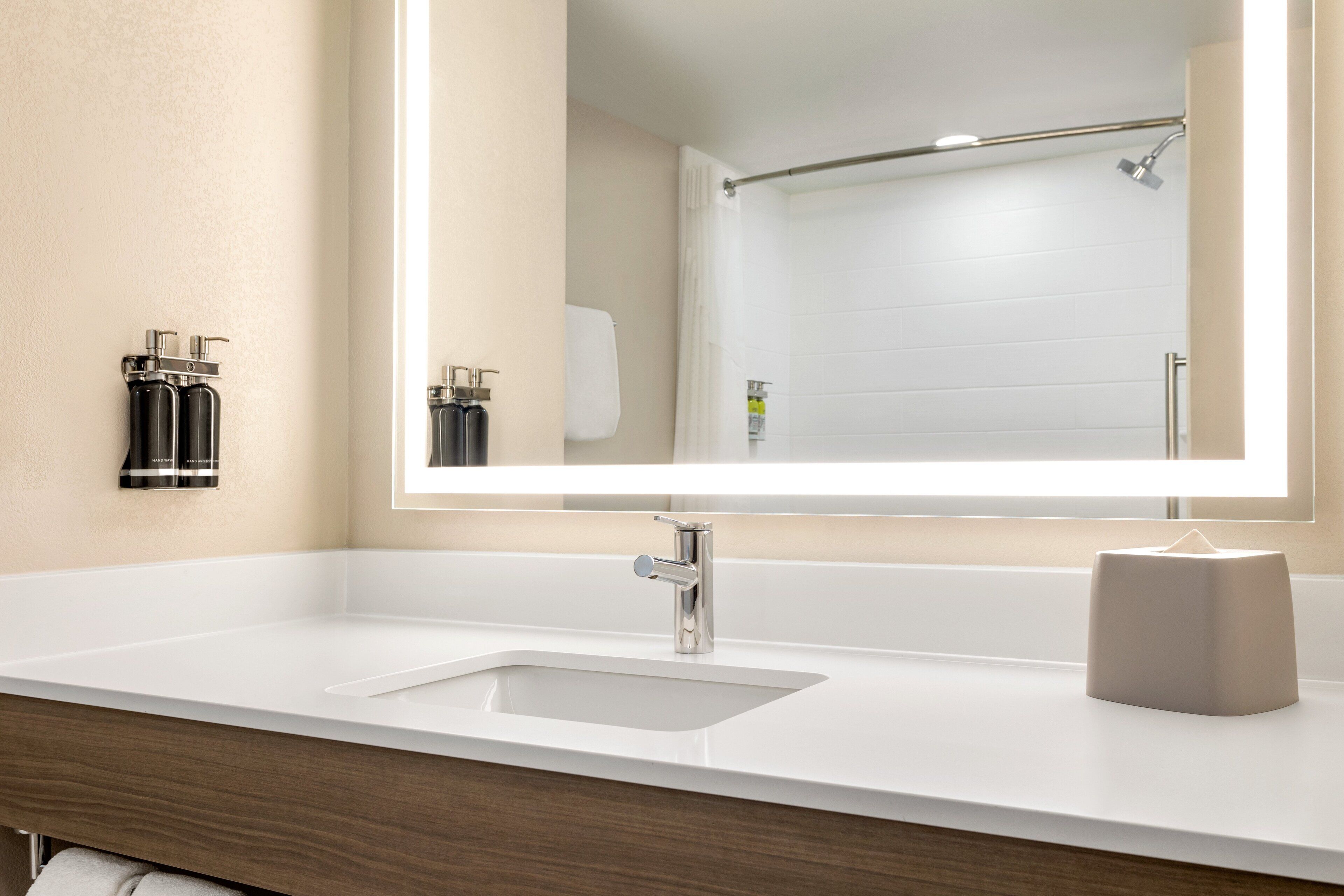 hair dryer, towels, soap, shampoo