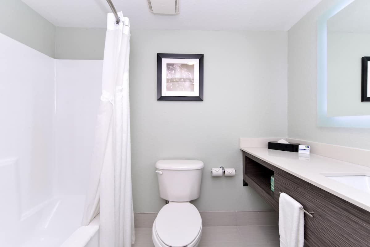 Une salle de bain moderne avec des toilettes blanches, un rideau de douche, un tableau encadré au mur et un meuble-lavabo avec un miroir.