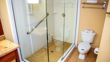 A bathroom with a glass-enclosed shower, a toilet, and a sink with a countertop.