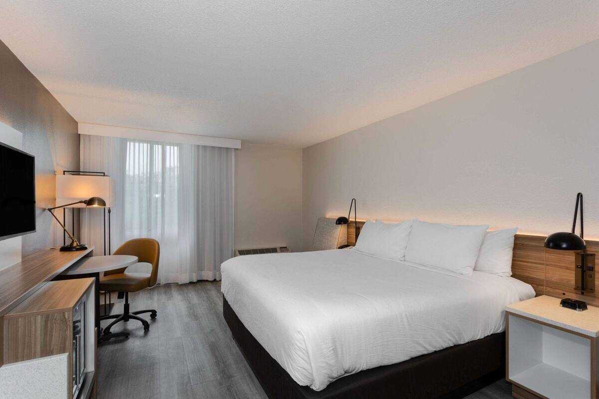 Une chambre d’hôtel avec un grand lit, un bureau avec une chaise, une télévision et une fenêtre avec des rideaux.