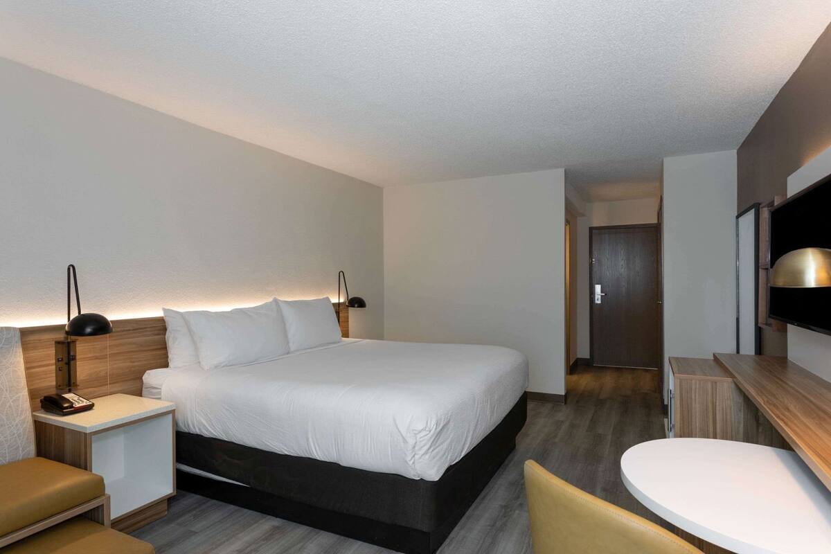 Une chambre d’hôtel moderne, dotée d’un grand lit, de tables de chevet, d’un bureau et d’une chaise.