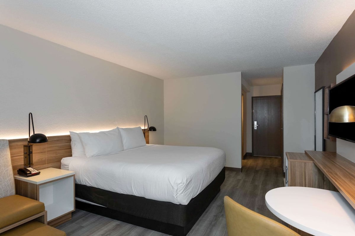 Escritorio, cortinas blackout y tabla de planchar con plancha