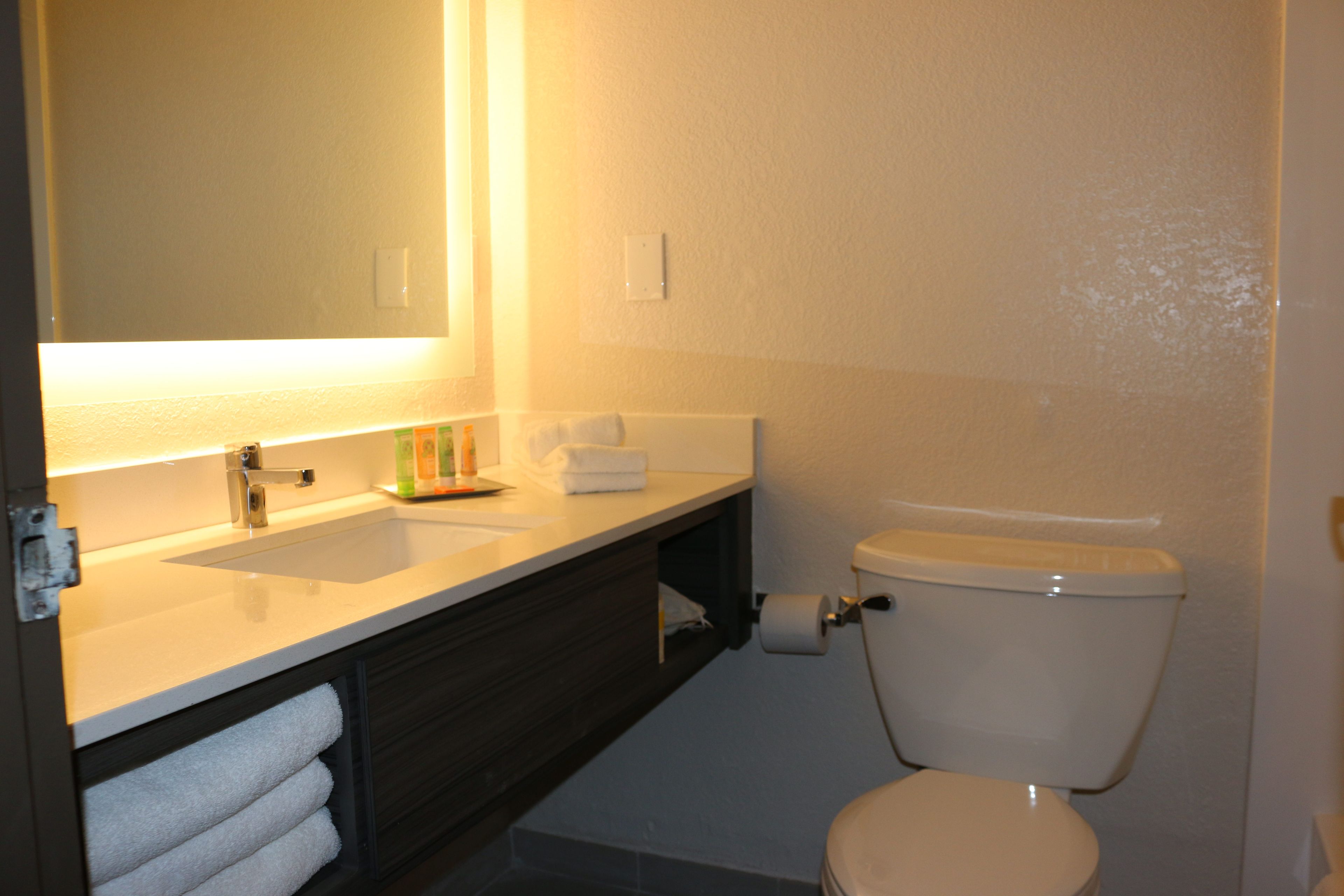 combined shower/bathtub, free toiletries, hair dryer, towels