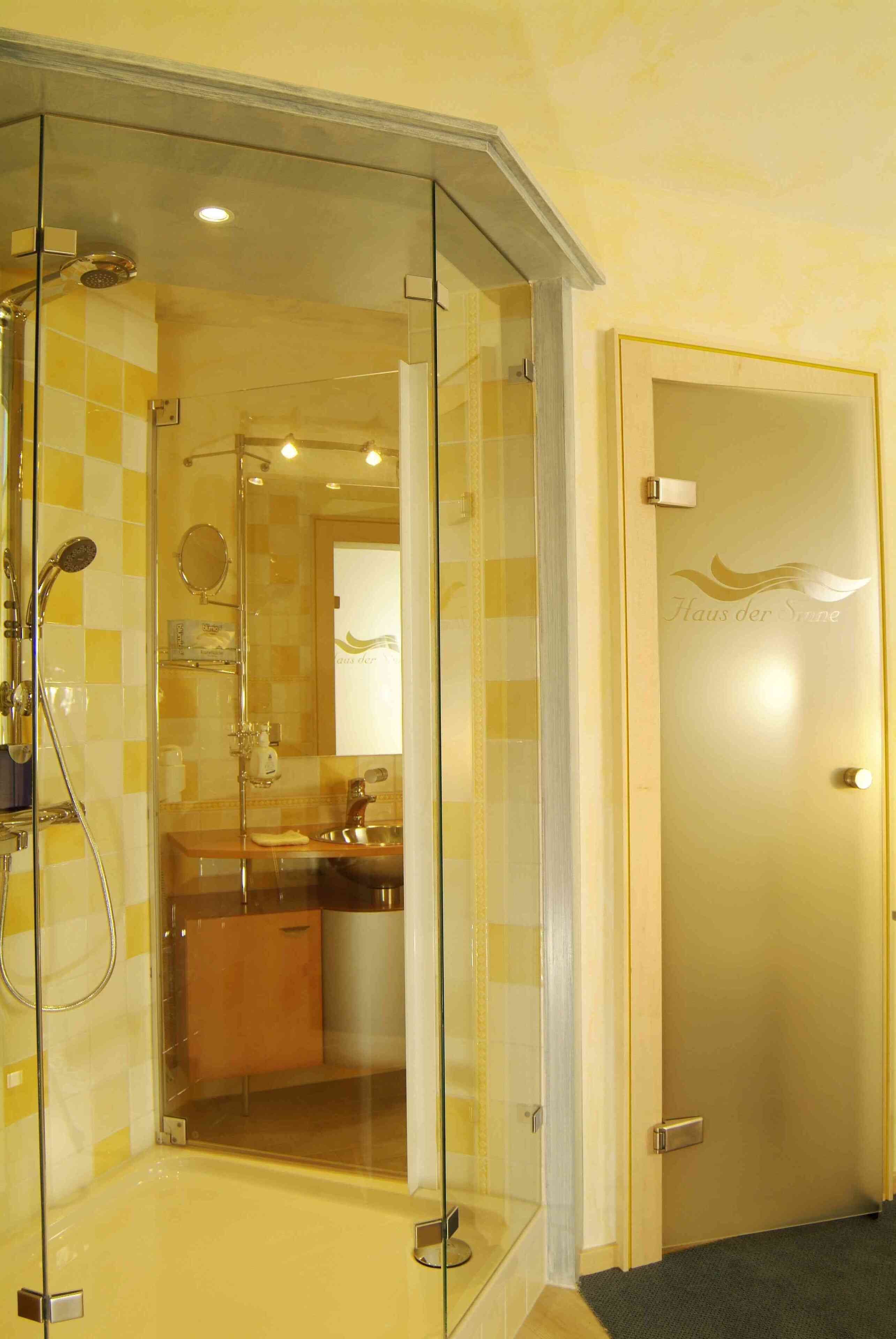 A glass-enclosed shower with a visible sink and mirror, a door with a frosted glass panel, and a tiled wall with a checkered pattern.