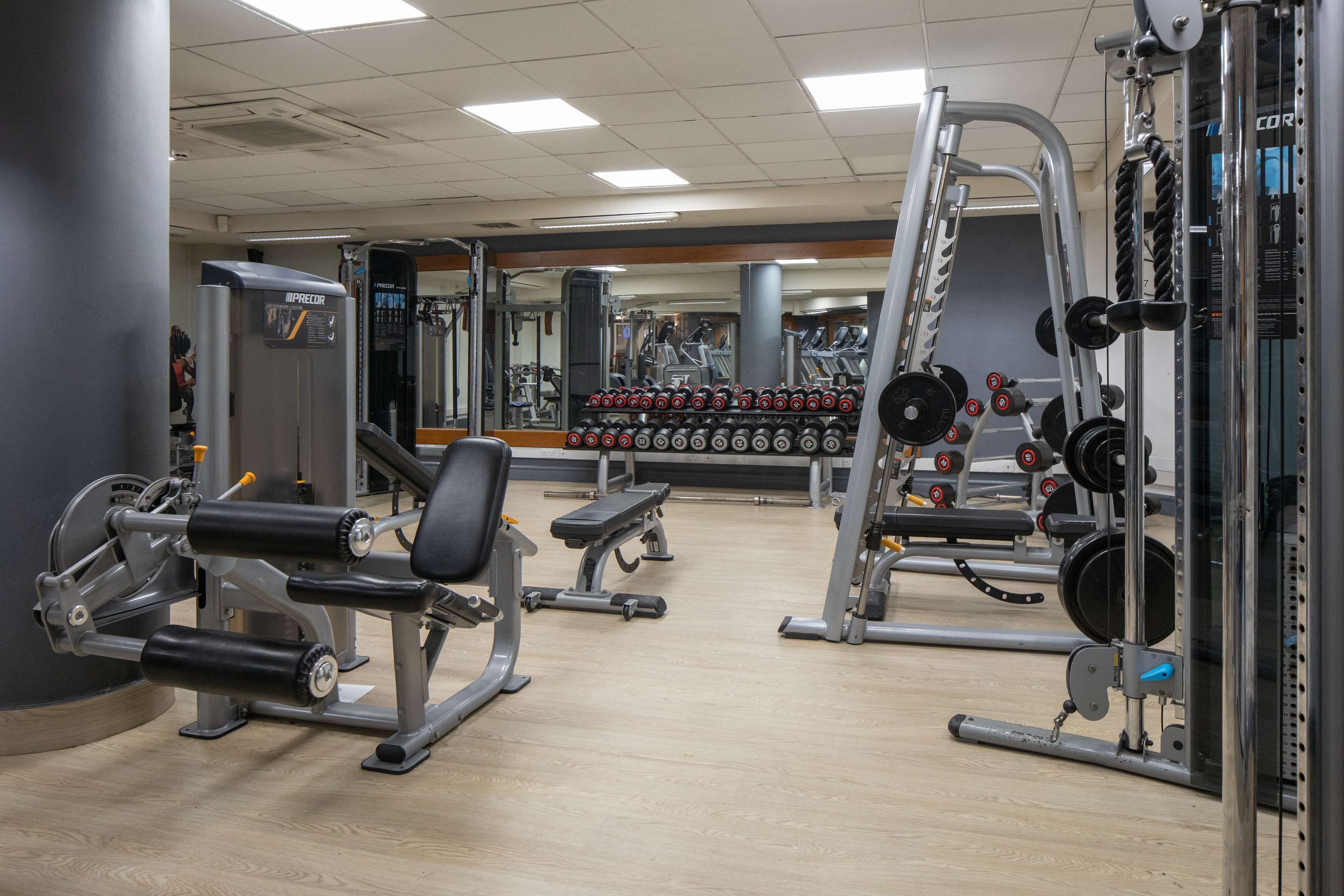 A gym with various exercise equipment, including weight machines and free weights.
