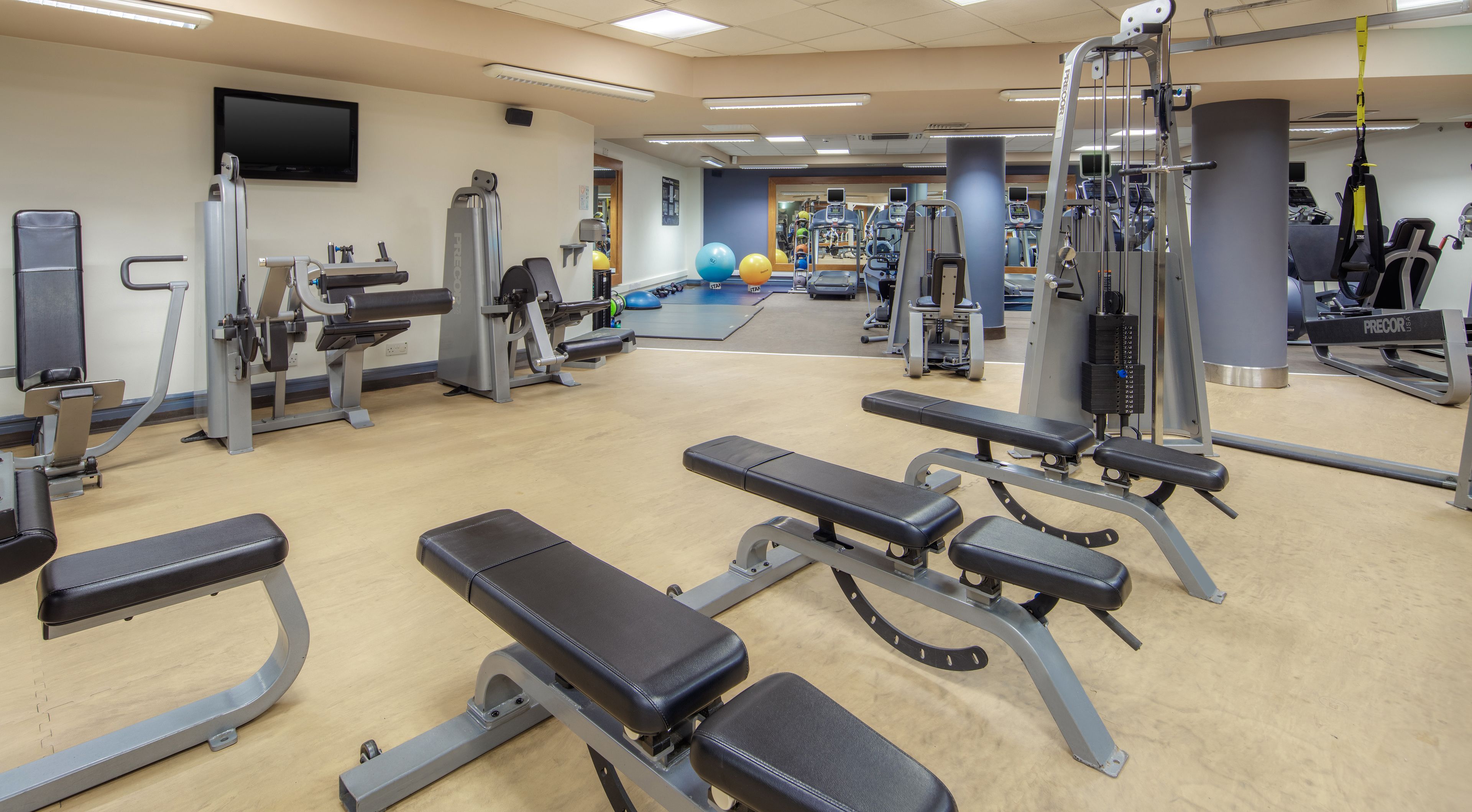 A gym with various exercise equipment, including treadmills, weight machines, and a bench.