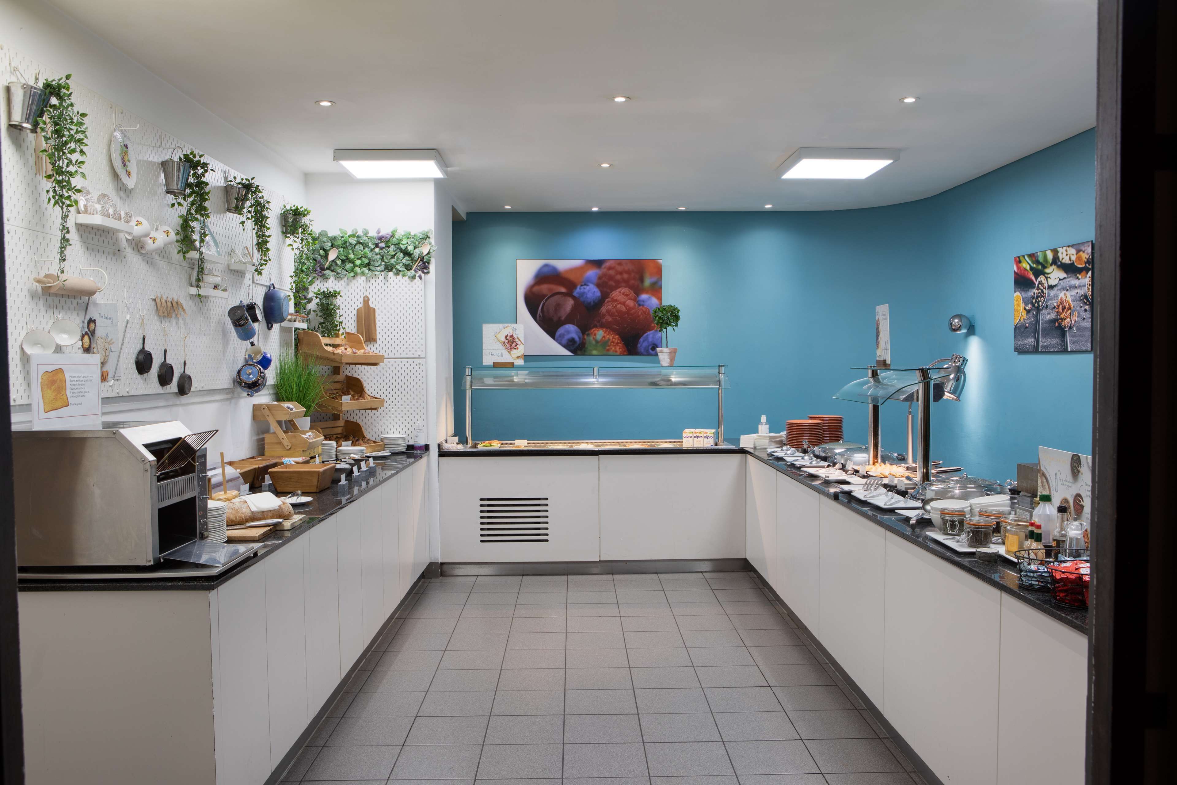 A modern kitchen with white cabinets, a blue accent wall, and various kitchen utensils and appliances.