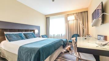 A hotel room with a bed, a desk, a chair, a dog, and a TV.