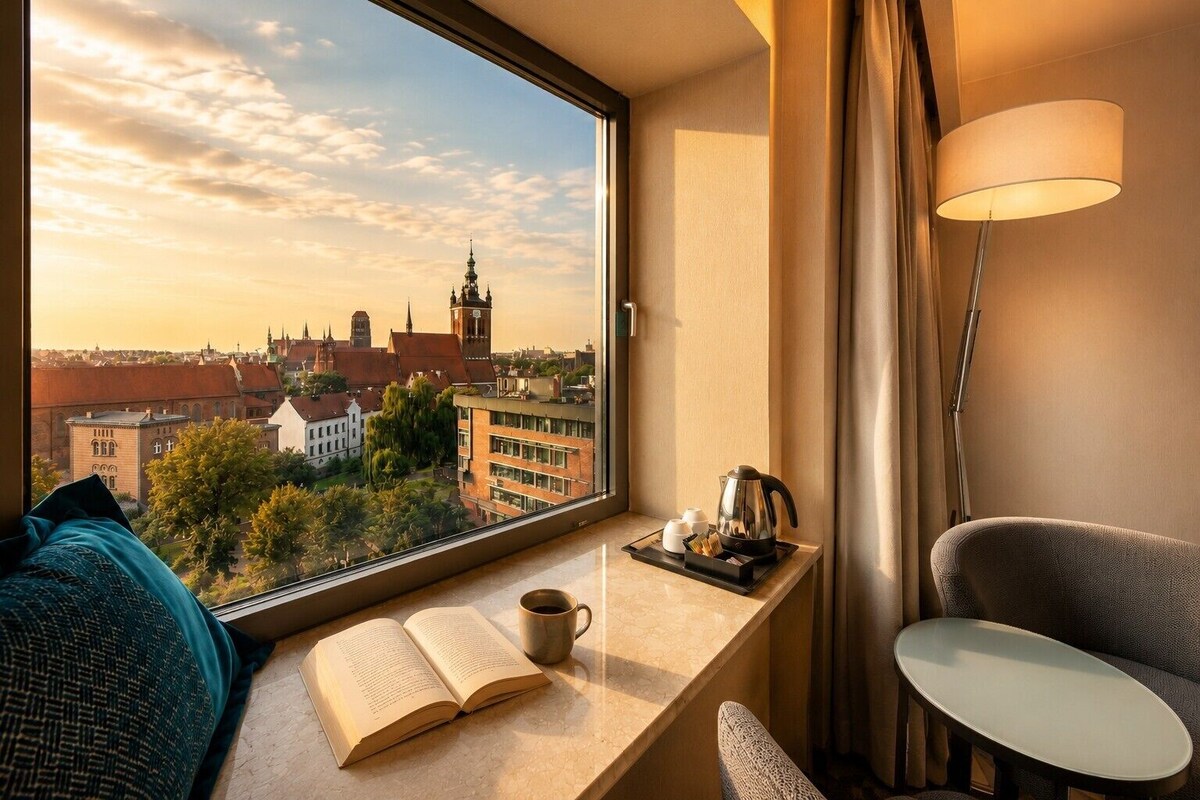 A hotel room with a view of a cityscape, a window seat with a book, a coffee cup, a kettle, and a lamp.