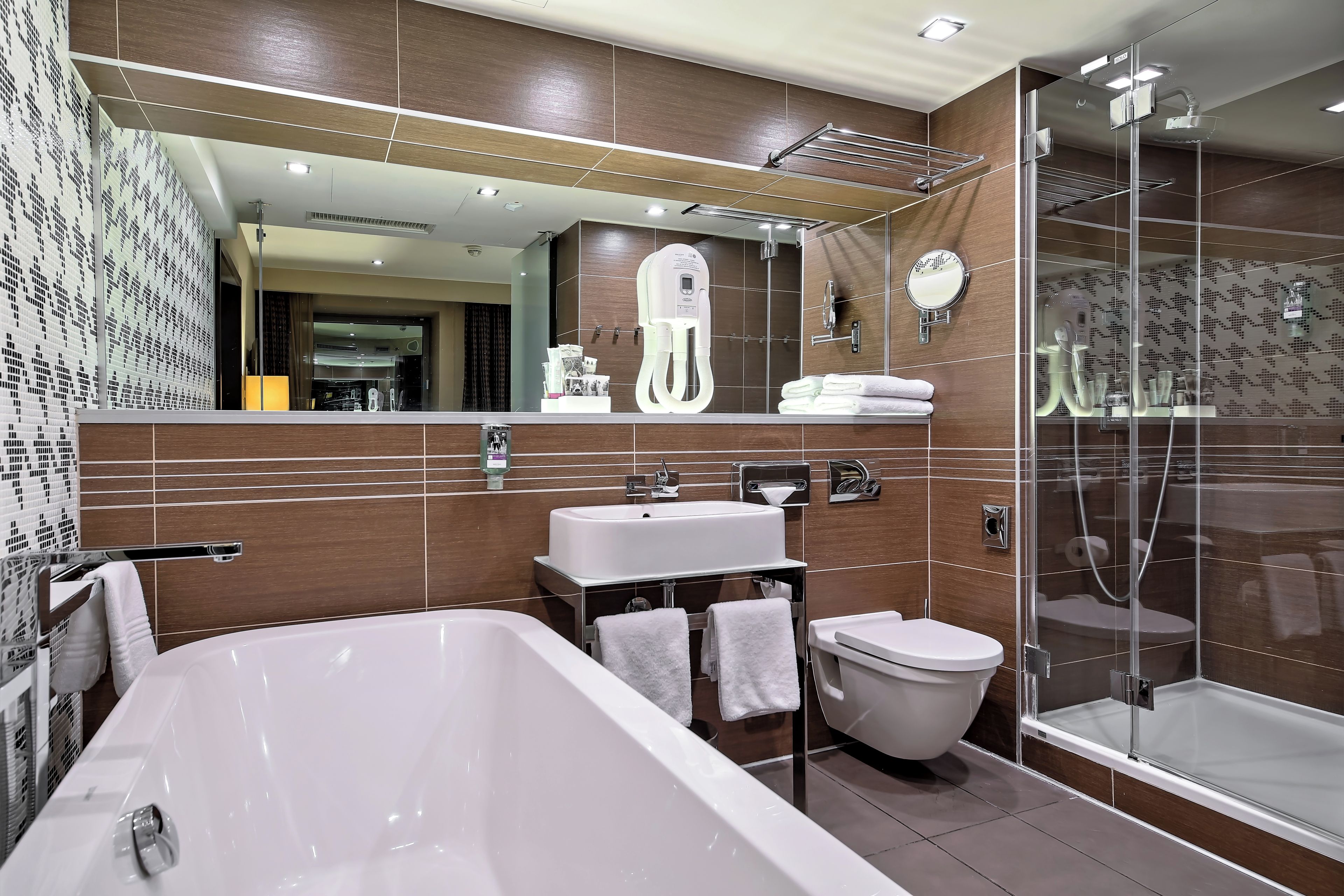 A modern bathroom with a large bathtub, a toilet, a shower, and a vanity with a mirror.