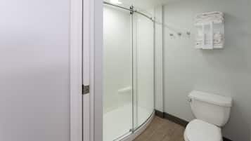 Un baño con ducha de vidrio, inodoro y toallero.
