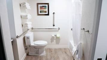 A bathroom with a toilet, a handrail, a towel rack, and a picture on the wall.