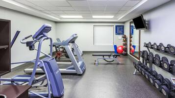 Een sportschool met loopbanden, een hometrainer, een bank en een muur vol gewichten.