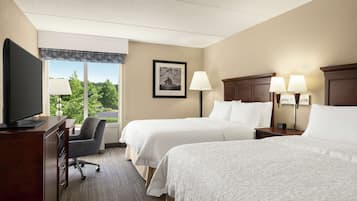 A hotel room with two beds, a desk with a TV, a chair, and a window with a view of greenery.