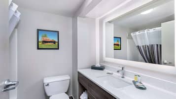 Combined shower/bathtub, free toiletries, hair dryer, towels