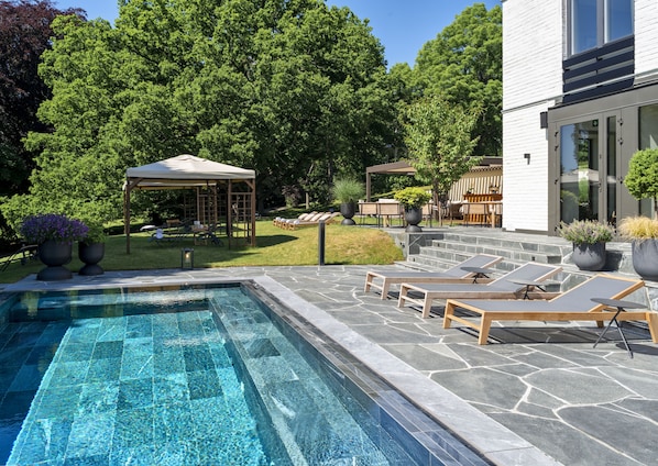 Outdoor pool, sun loungers