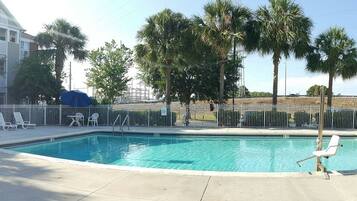 A swimming pool with lounge chairs, palm trees, and a fenced area.