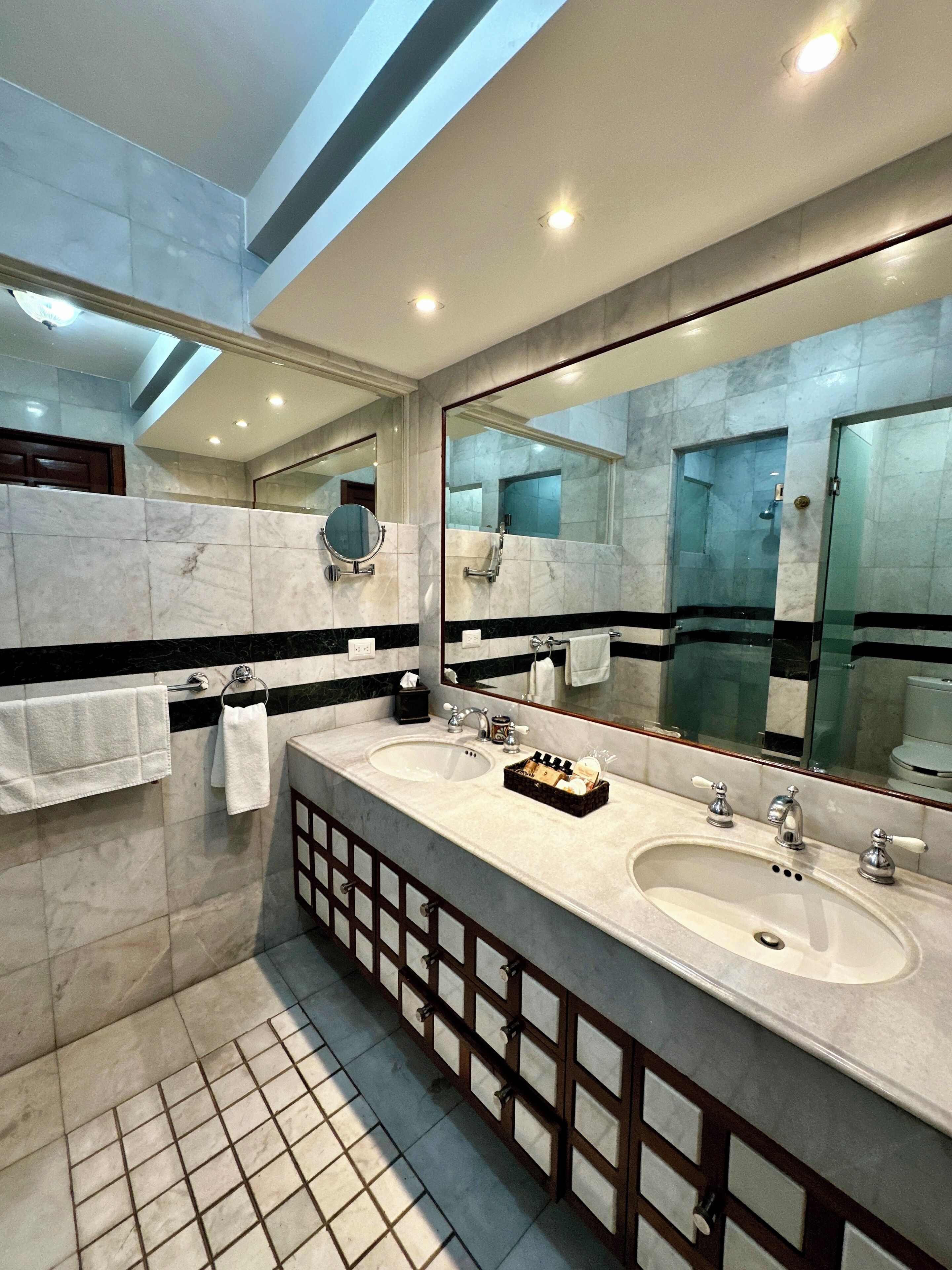 separate bathtub and shower, free toiletries, hair dryer, bathrobes