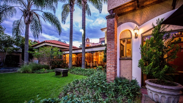 A well-maintained garden with palm trees, a brick building, and a patio area. - La Mansiรณn del Sol (Zapopan)