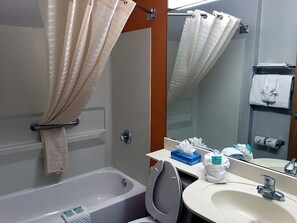 Combined shower/bathtub, free toiletries, hair dryer, towels