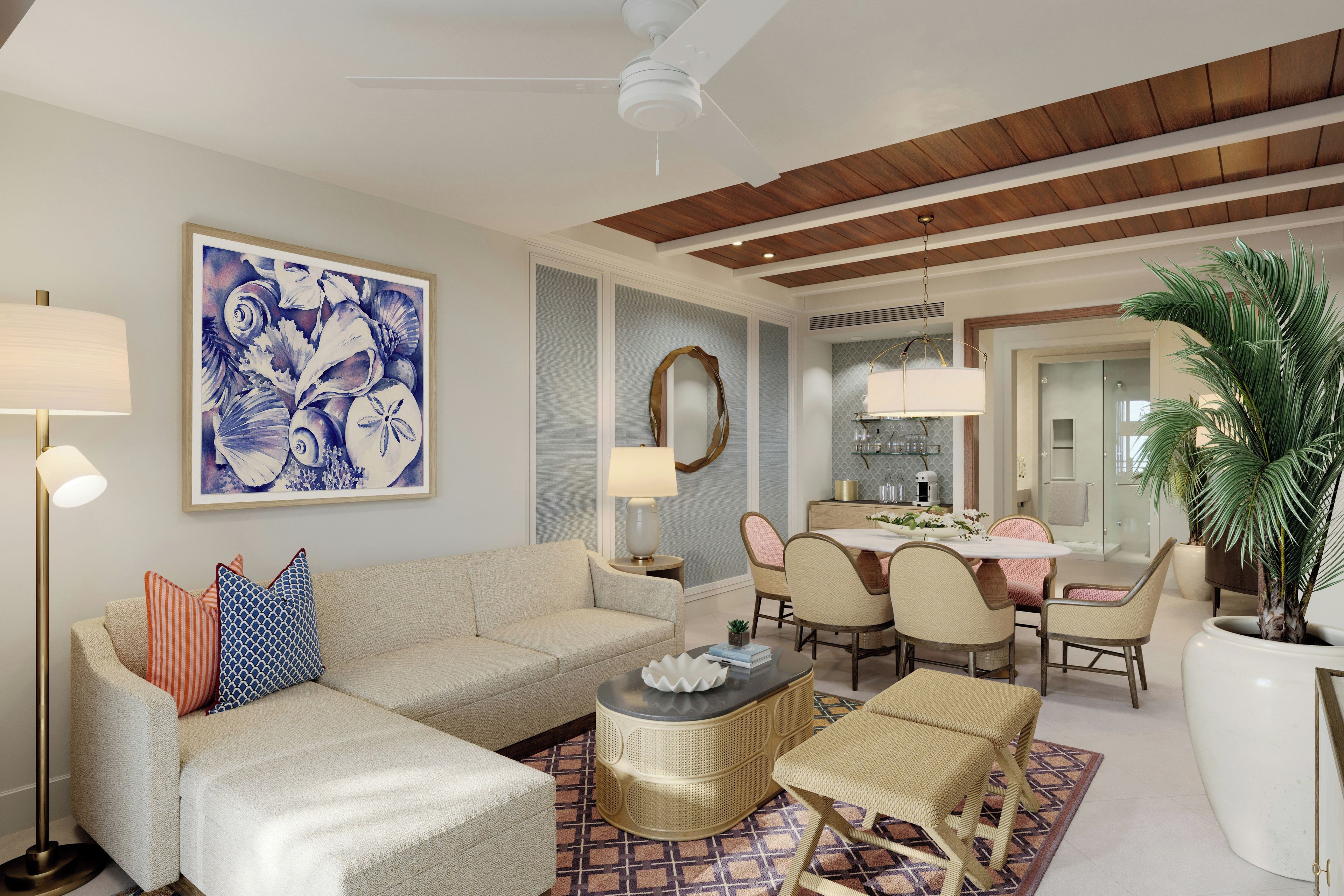 A living room with a sofa, coffee table, and chairs, a dining area with a table and chairs, and a large potted plant.
