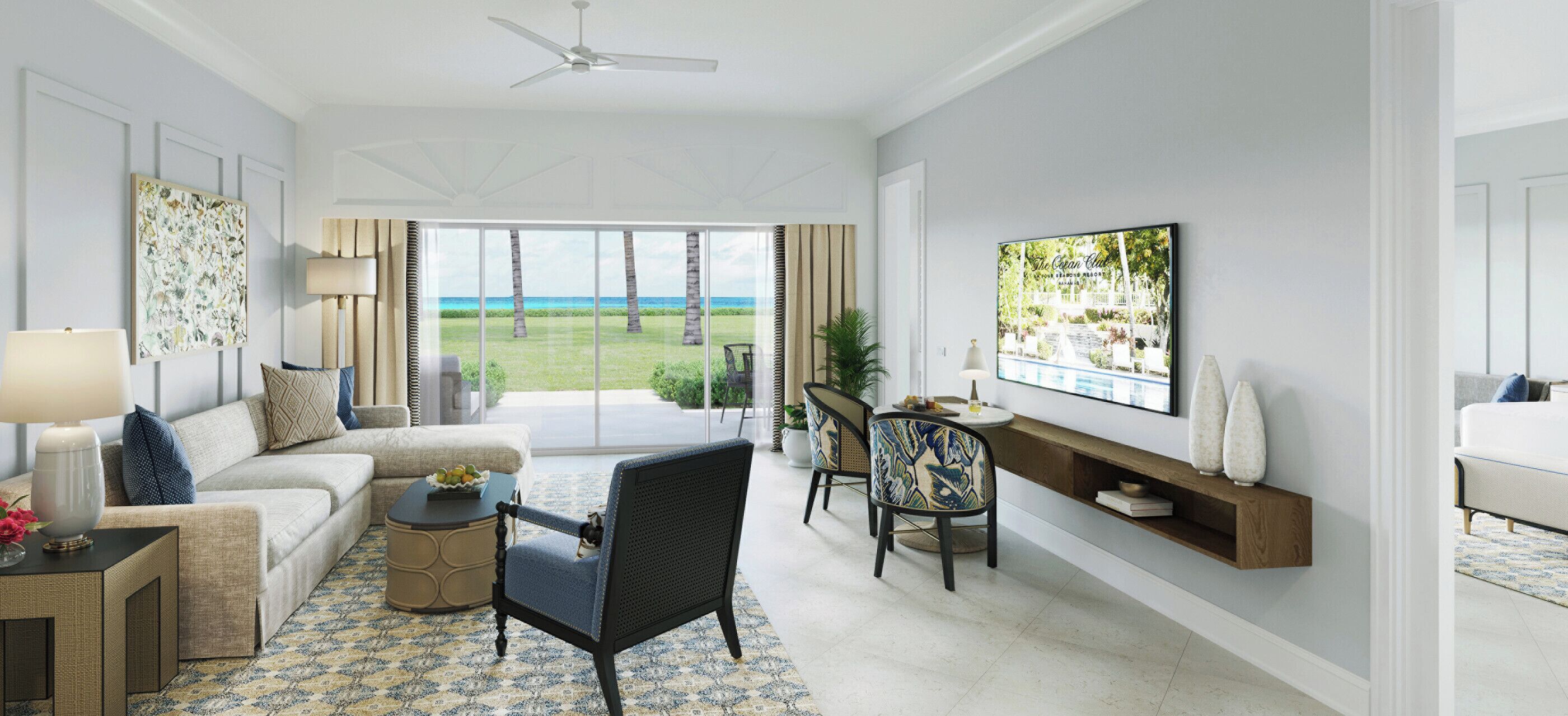 luxury suite, oceanfront | living area | 50-inch flat-screen tv with satellite channels, tv, dvd player