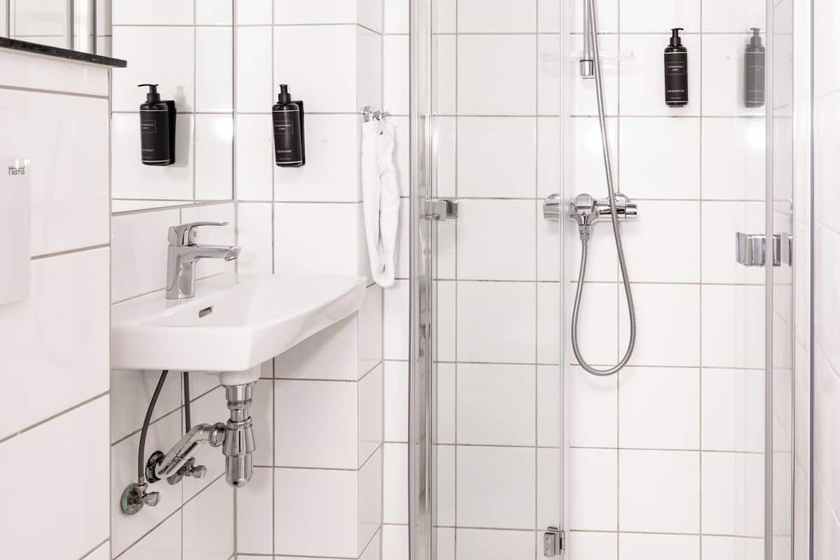 standard single room (small) | bathroom | spring water bathtub, hair dryer, towels, soap