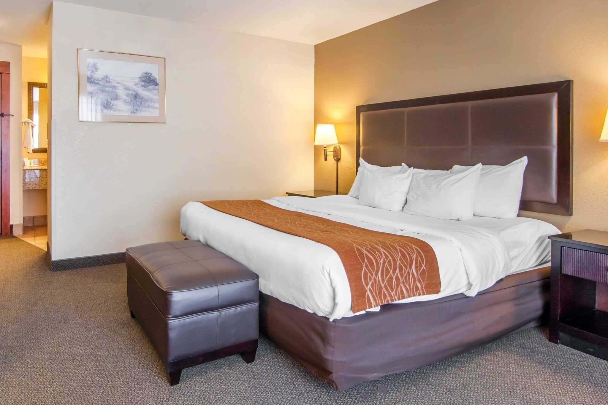 Habitación de hotel con una cama grande, una mesita de noche, una lámpara, un pequeño otoman y un cuadro en la pared.