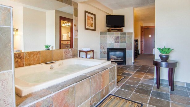A bathroom with a large bathtub, a television mounted above it, and a small table with a plant.