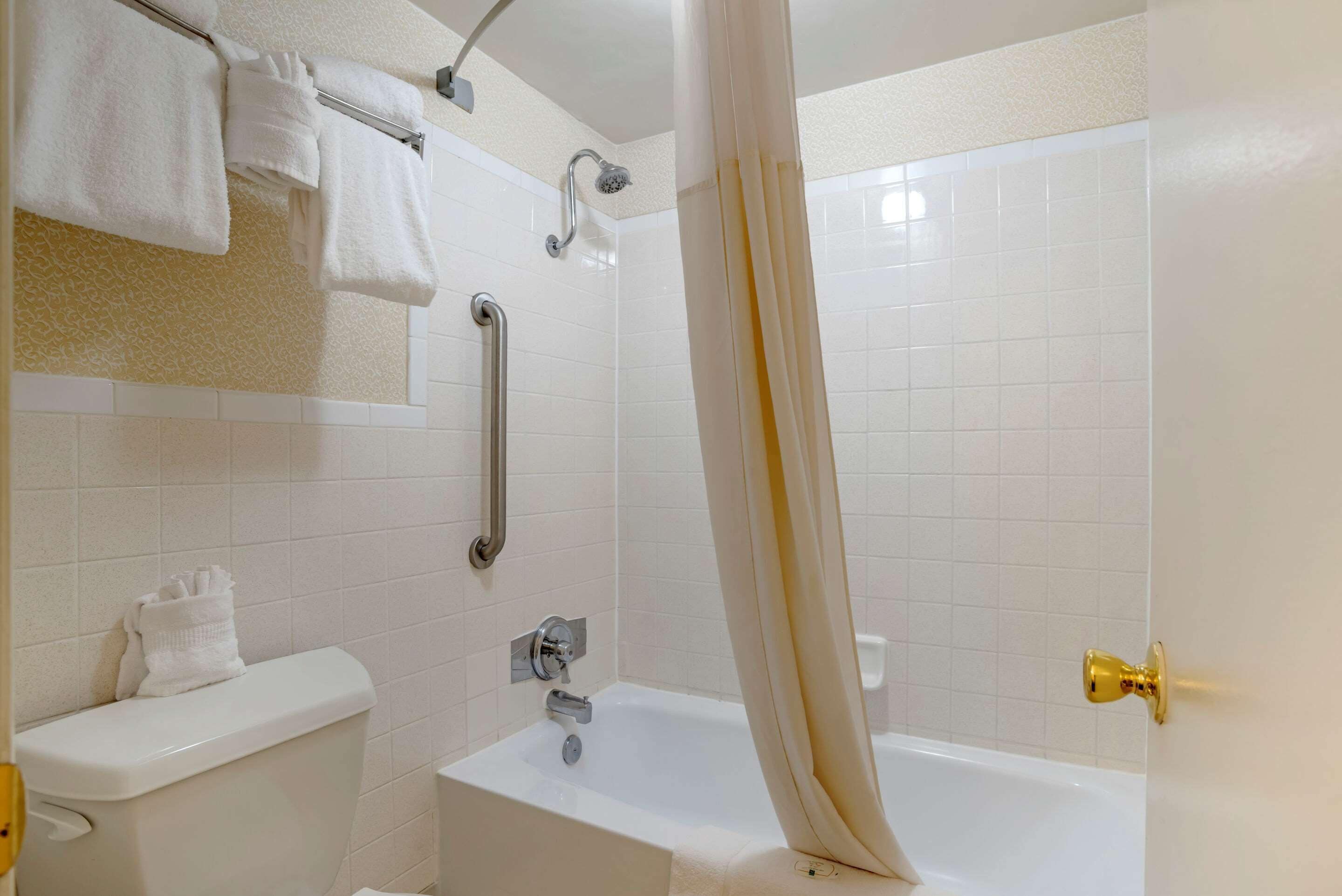 A bathroom with a toilet, bathtub, and shower.