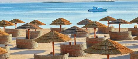 Private beach, sun-loungers, beach umbrellas, beach towels