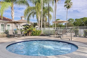 A swimming pool with a surrounding deck, palm trees, and outdoor seating.
