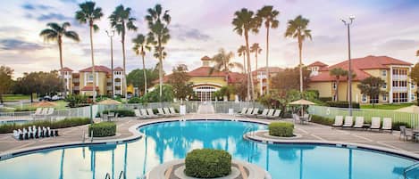 Outdoor pool, pool umbrellas, pool loungers