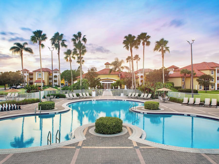 Outdoor pool, pool umbrellas, pool loungers