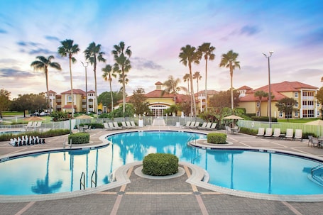 Outdoor pool, pool umbrellas, sun loungers