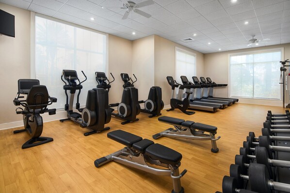 A gym with treadmills, elliptical machines, and weight benches.