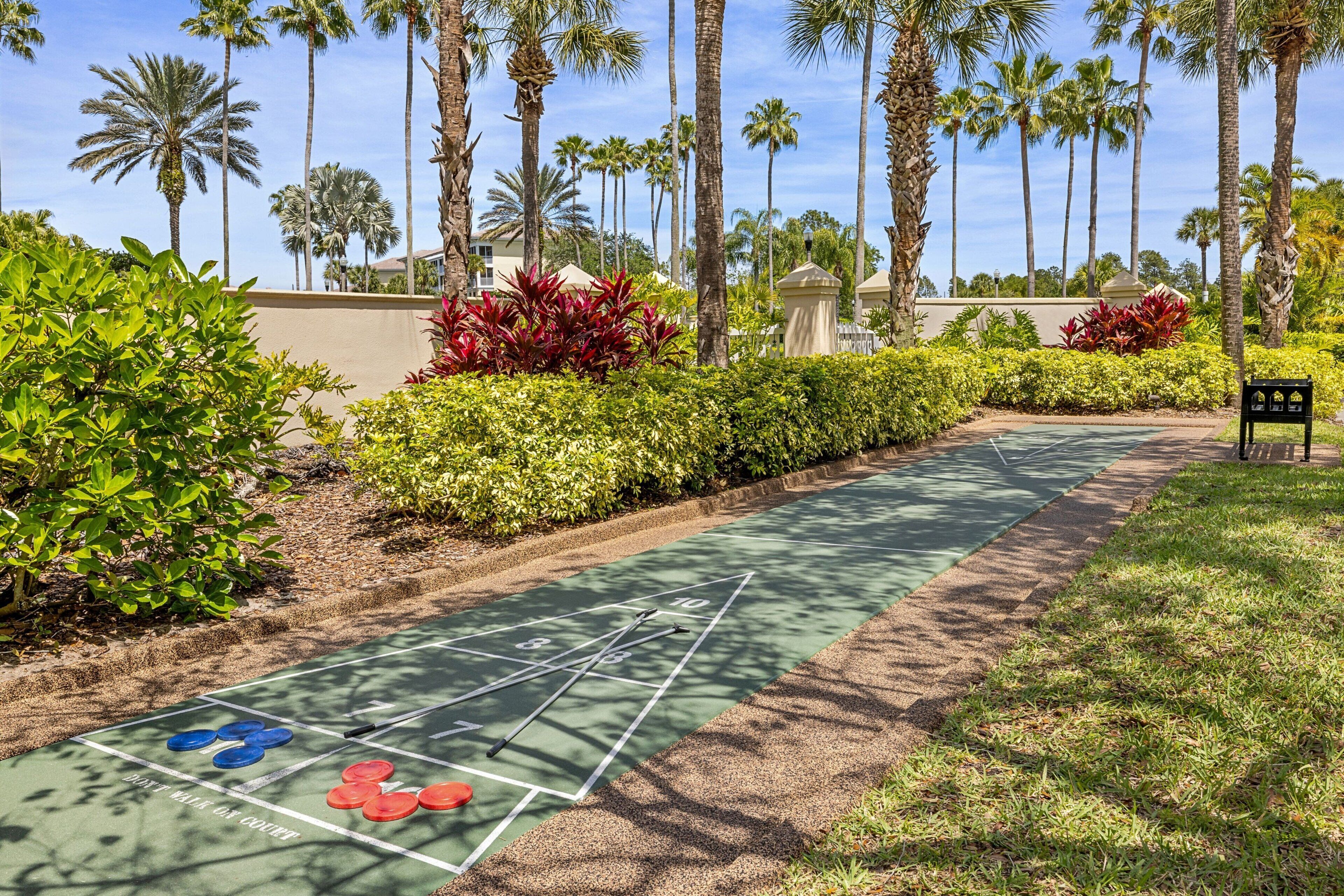 A shuffleboard court surrounded by lush greenery and palm trees.