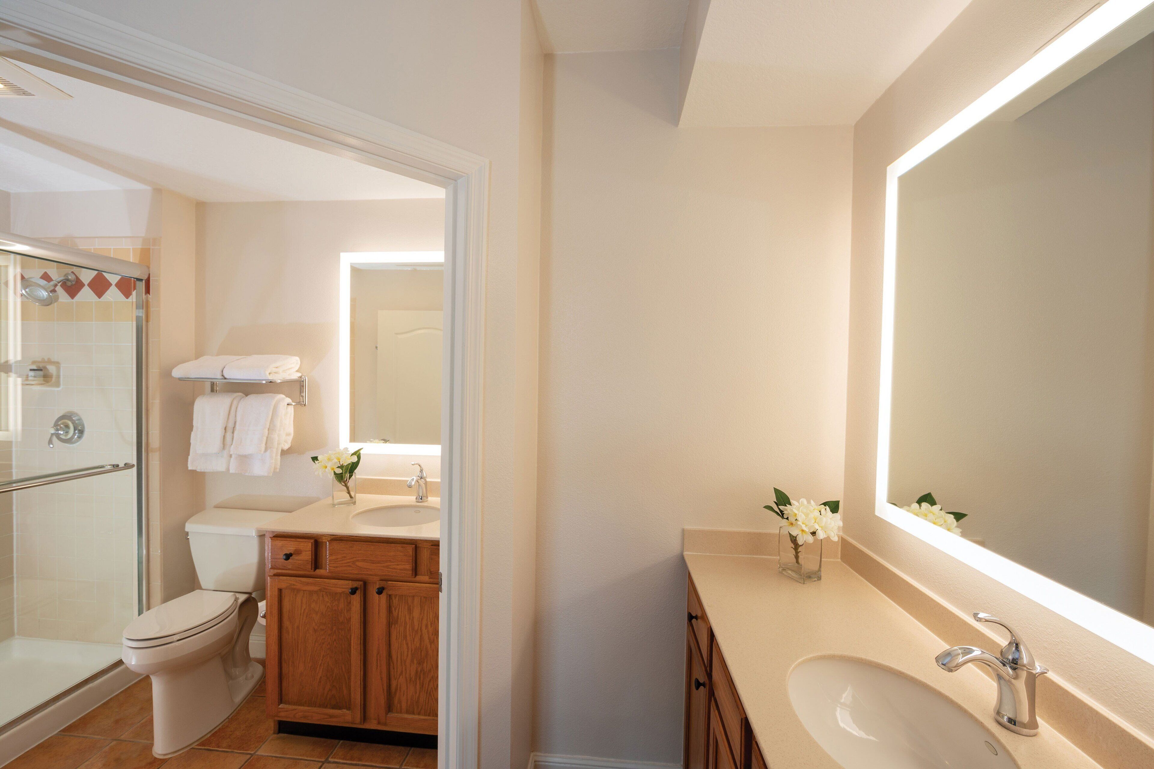 A modern bathroom with a glass shower, a toilet, wooden cabinets, a sink, and a large mirror.
