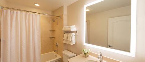 A bathroom with a bathtub, toilet, sink, and a large mirror.