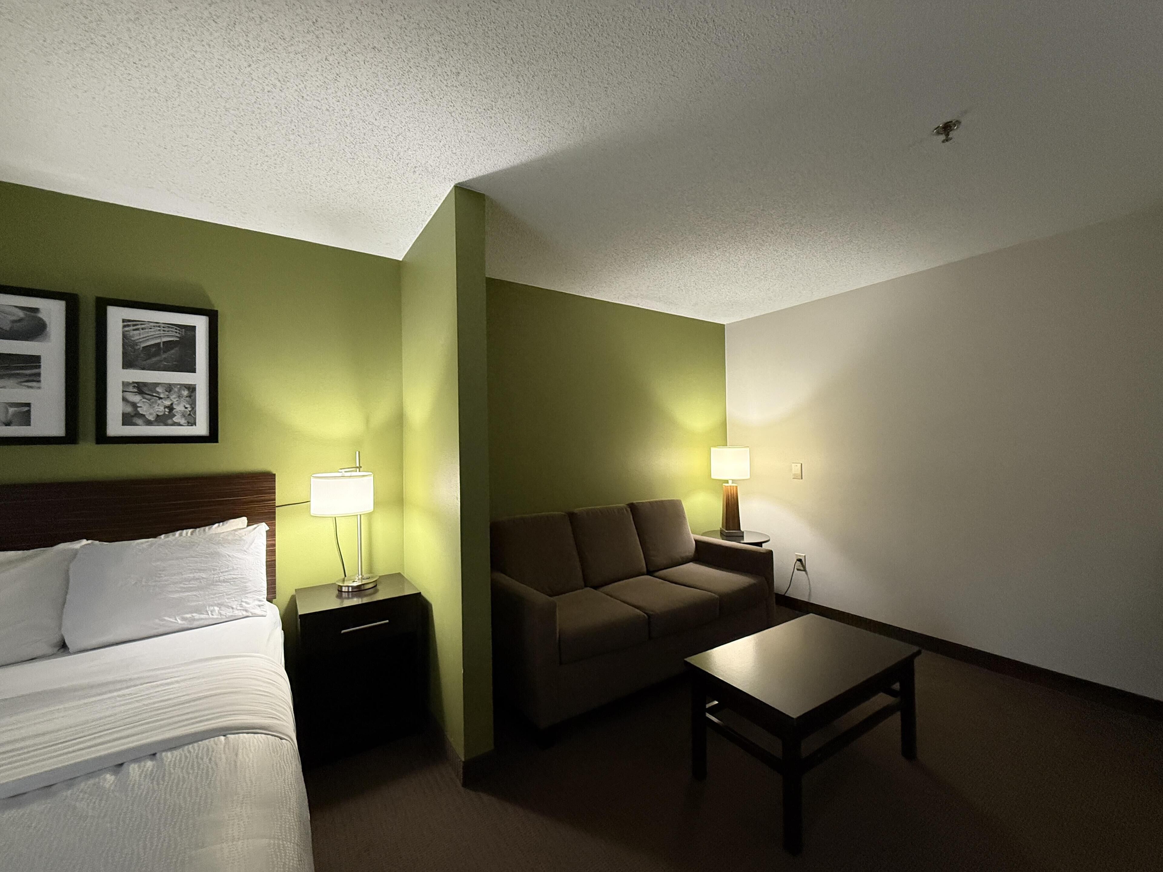 Habitación de hotel con cama, sofá, una mesita y dos lámparas.