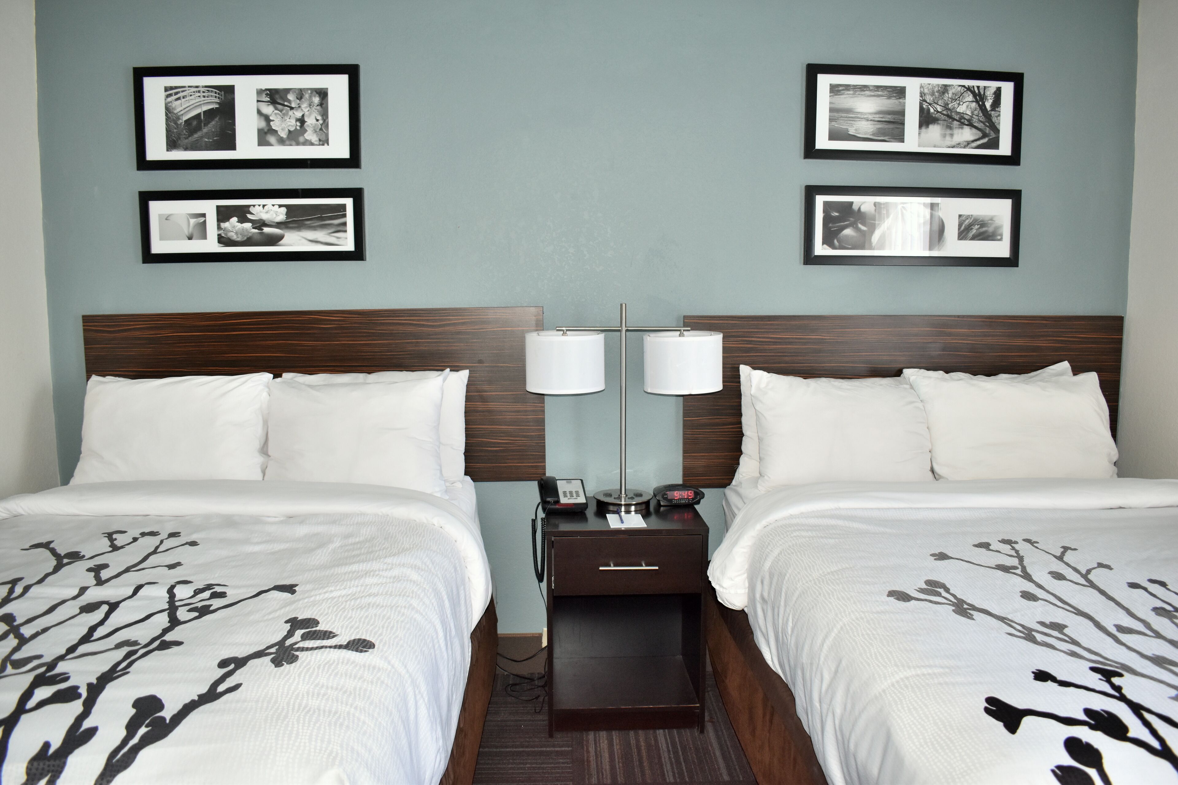 Een hotelkamer met twee bedden, een nachtkastje met een lamp en ingelijste foto’s aan de muur.