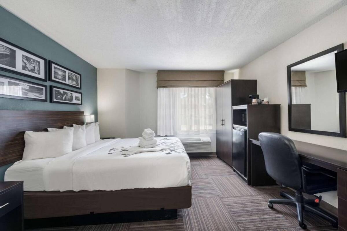 A hotel room with a bed, a desk, a chair, a wardrobe, and a large mirror.