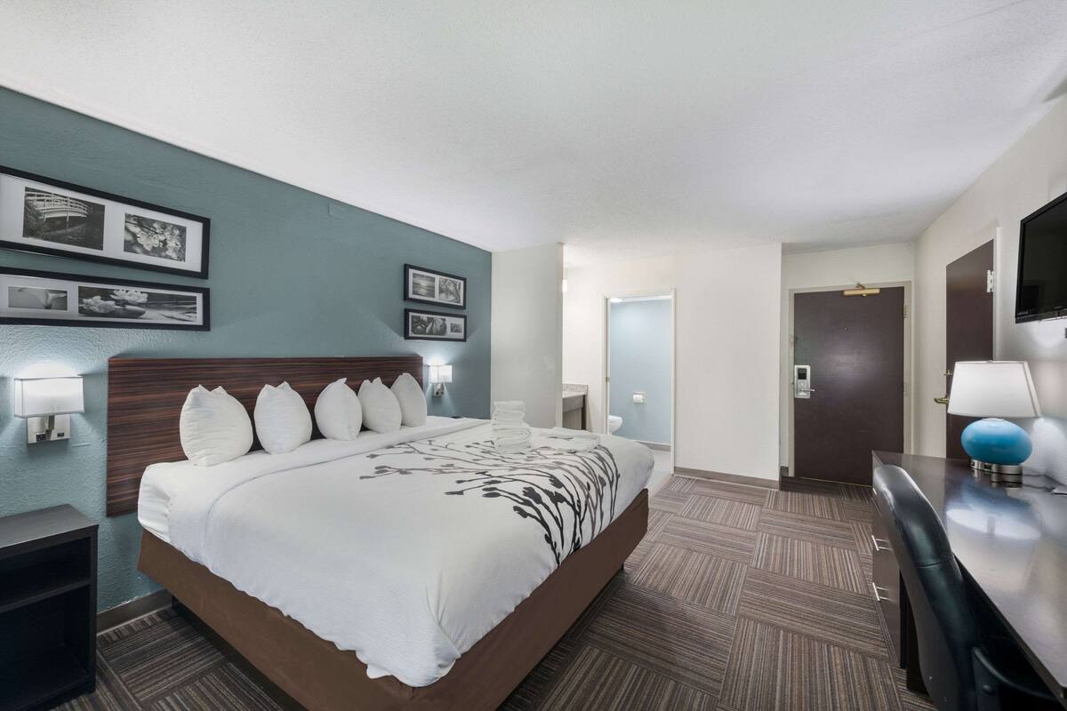 A hotel room with a large bed, a desk, a chair, a TV, and framed pictures on the wall.
