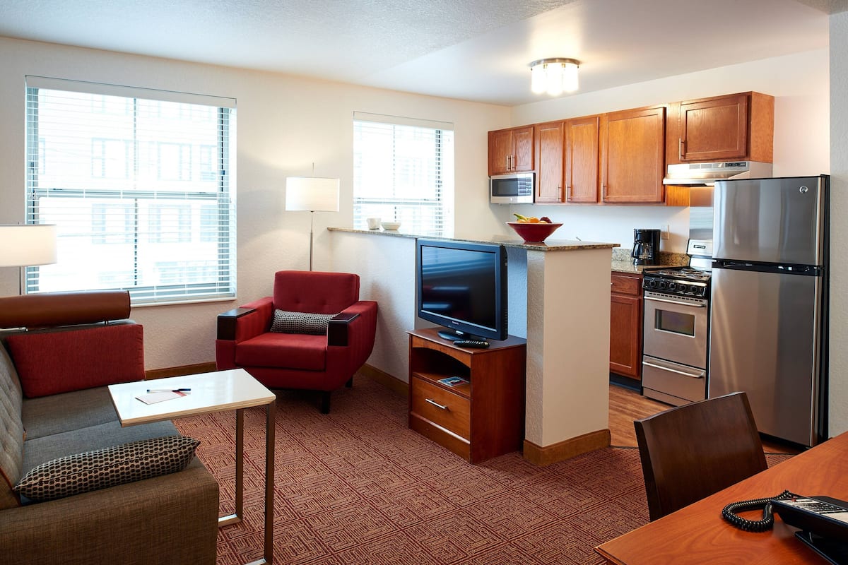 Desk, laptop workspace, blackout curtains, iron/ironing board