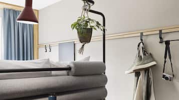 Une petite pièce comprenant un lit, un bureau avec un ordinateur portable, une plante suspendue et un porte-chaussures.
