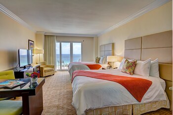 Ocean Front w/Balcony 2 Double Beds | Premium bedding, in-room safe, desk, blackout drapes at Sea View Hotel, Bal Harbour, On The Ocean