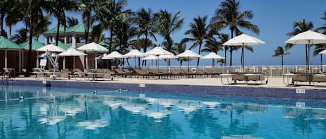 Piscine extérieure, tentes de plage, chaises longues