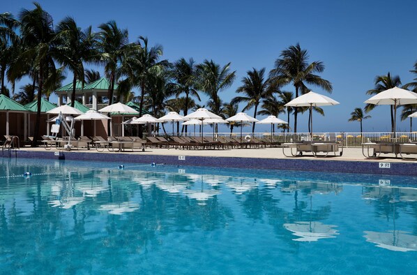 Piscine extérieure, tentes de plage, chaises longues